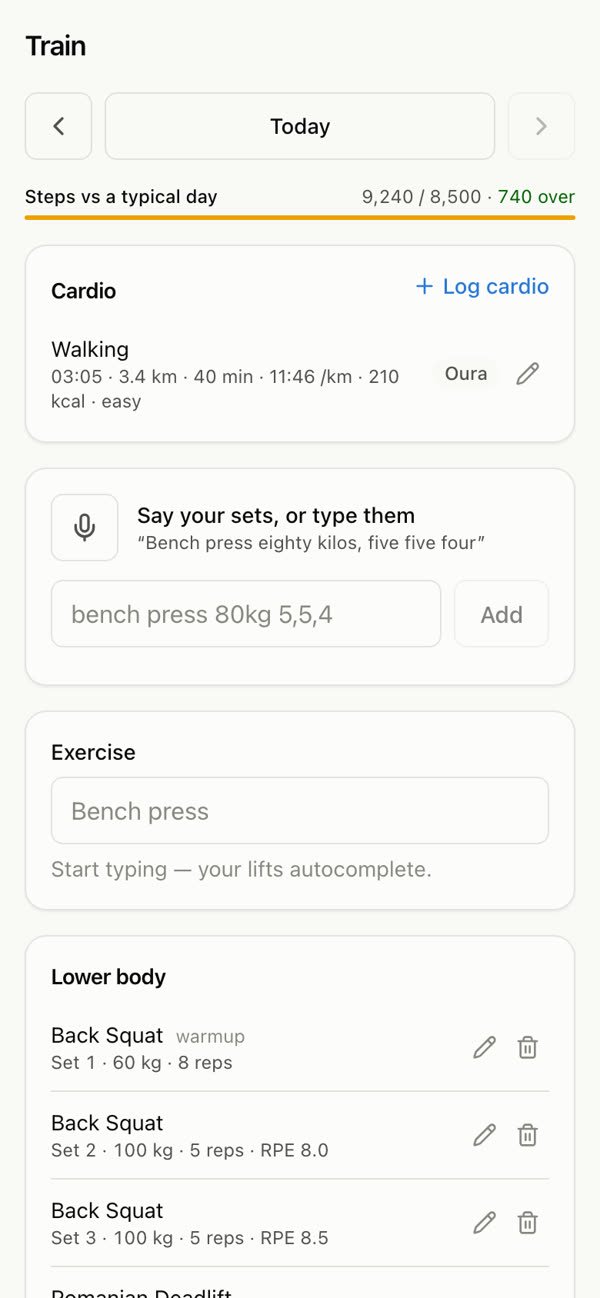 Baseline Train screen with voice-logged sets