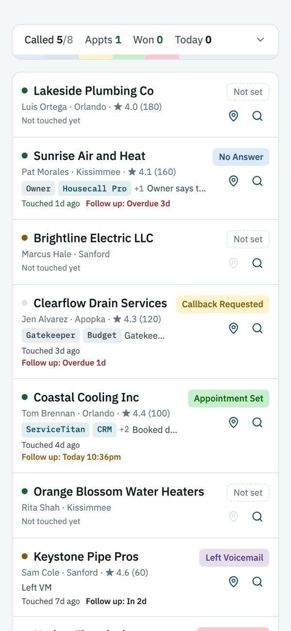 Dials call list on a phone, using sample businesses
